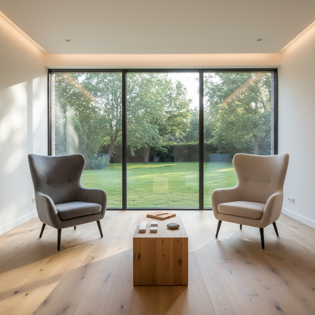A minimalist therapy room for hypnose and PNL coaching, with a comfortable, high-backed grey armchair facing an empty, inviting pale beige armchair across a low wooden coffee table. On the table, a small stack of blank white cards, a closed notebook, and a single smooth river stone suggest reflection and clarity. Floor-to-ceiling windows on one side overlook a gentle green garden with trees and soft grass. Late afternoon natural light floods the room, creating long, calm shadows and a warm, peaceful atmosphere. Photographic realism, wide-angle composition with sharp focus throughout, emphasizing space, air, and the sense of a safe, neutral place for inner exploration.